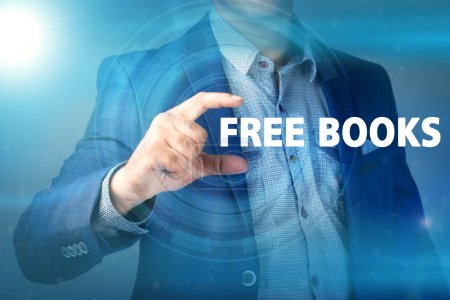 El hombre de negocios presiona libros libres de botones en pantallas virtuales. Busine.
