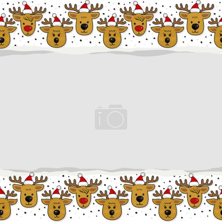 Renos en sombreros de Santa Claus en filas regulares Navidad invierno patrón sin costuras sobre fondo blanco con papel roto en blanco con lugar para su borde horizontal texto
