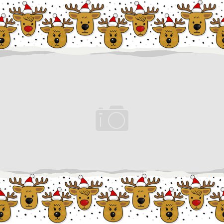 Reindeers in Santa Claus hats in regular rows Christmas winter holidays seamless pattern on white background with blank torn paper with place for your text horizontal border