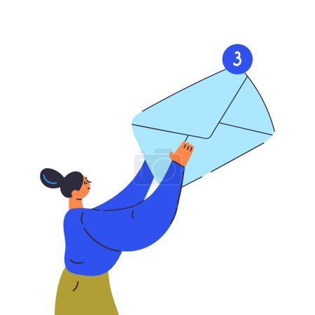 Téléchargez les illustrations : Nouveau courrier. Tri des messages. Trois nouveaux marqueurs de messages. Femme tenant une enveloppe. Illustration vectorielle isolée sur fond blanc. - en licence libre de droit