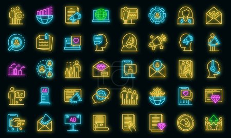 Téléchargez les illustrations : Icônes PR spécialiste ensemble. Aperçu ensemble d'icônes vectorielles PR spécialiste couleur néon sur noir - en licence libre de droit