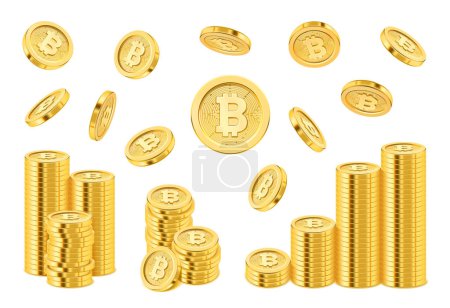 Ilustración de Bitcoin criptomoneda pila de monedas de oro, cayendo dinero realista estilo 3d. Activos financieros y pago electrónico, crecimiento de los ingresos debido a la minería y la inversión. vector monetario global - Imagen libre de derechos