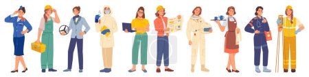 Ilustración de Ocupaciones femeninas y profesiones aisladas. Vector trabajador de la carretera, astronauta y programador. Conductor y médico ambulancia. Piloto, ingeniero, reparador y camarero, científico asistente de laboratorio - Imagen libre de derechos