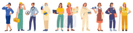 Téléchargez les illustrations : Professions féminines et professions isolées. Travailleur de la route vectoriel, astronaute et programmeur. Chauffeur et médecin ambulancier. Pilote, ingénieur, réparateur et serveur, assistant scientifique de laboratoire - en licence libre de droit