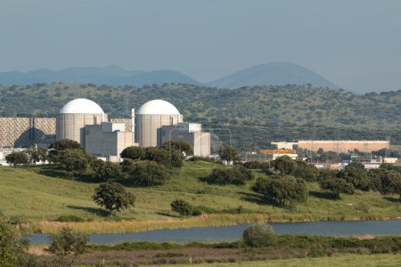 Foto de Central nuclear de Almaraz en el centro de España, rodeada de madera dura de roble - Imagen libre de derechos