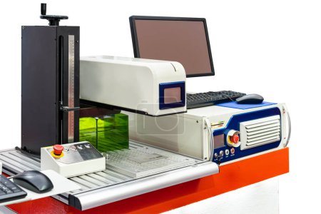 Photo for Laser marking or engraving machine for write letter or various graphic image symbol etc. of business or industrial with computer monitor and screen isolated with clipping path - Royalty Free Image