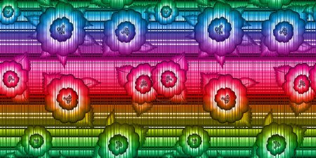 Ilustración de Patrón de bordado floral mexicano sin costuras Banner, diseño de moda folclórica de flores nativas étnicas coloridas. Estilo Textil Tradicional Bordado de México, vector aislado sobre fondo degradado rayado - Imagen libre de derechos
