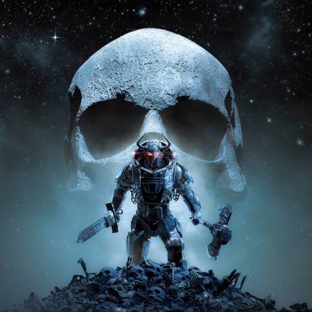 Luna de cráneo vikingo futurista - Ilustración 3D del caballero robot de ciencia ficción con casco con cuernos que sostiene la espada y el hacha