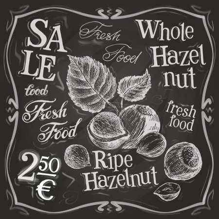 Illustration for Hazelnut, walnut, nut vector logo design template. Fresh food or menu board icon. Whole nuts on a black background. Vector illustration - Royalty Free Image