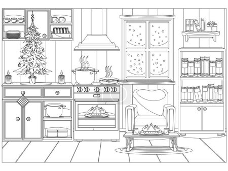 Cocina decorada festiva para el nuevo año y la Navidad. Vector para colorear.
