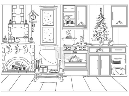 Cocina decorada festiva para el nuevo año y la Navidad. Vector para colorear.
