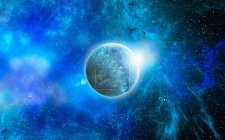 Planeta desconocido del espacio exterior. Nebulosa espacial. Grupo cósmico de estrellas. Fondo del espacio exterior. Ilustración 3D.