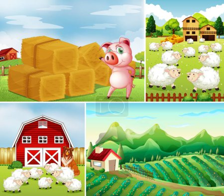 Conjunto de diferentes escenas de granja con ilustración de estilo de dibujos animados granja de animales