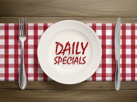 Illustration for Top view of daily specials written by ketchup on a plate over wooden table - Royalty Free Image