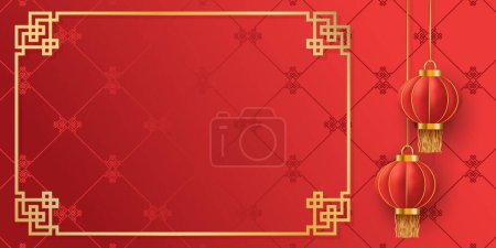 Año Nuevo Chino. Colgante asiático rojo tradicional realista 3d linterna sobre fondo rojo. Plantilla para tarjetas de felicitación, volantes, invitación, carteles, folleto, pancartas, calendario. Ilustración vectorial