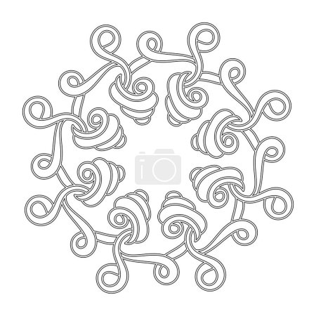 Elément décoratif rond dessiné à la main. Mandala avec coquillages et tourbillons. Livre de décoration ou de coloriage pour enfants et adultes. Illustration vectorielle. Noir et blanc