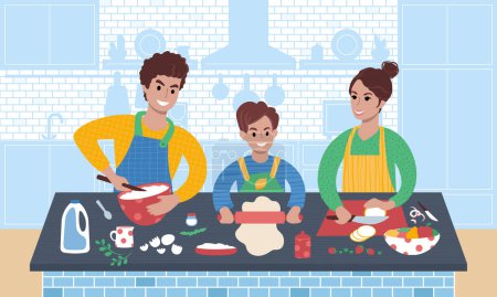 Ilustración de Joven pareja caucásica con un niño haciendo comida juntos. Padre, madre e hijo preparando una comida en la cocina. Padres enseñando a los niños a cocinar. Ilustración de estilo plano - Imagen libre de derechos