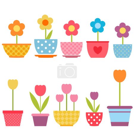 Ensemble de fleurs colorées dans des pots 