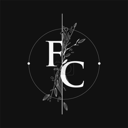 Letra FC Logo Inicial con Dibujo de Mano Floral, Inicial Logo de Fuente de Boda con Círculo y Flores.