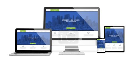Foto de 3D representación de dispositivos aislados que muestran responsive websiteon pantalla. Todos los gráficos de pantalla se componen
. - Imagen libre de derechos