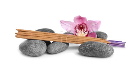 Aromatic incense sticks, spa stones and orchid flower on white background