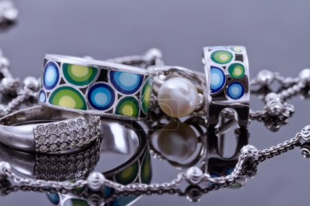 Silver jewelry with colored enamel and silver chain