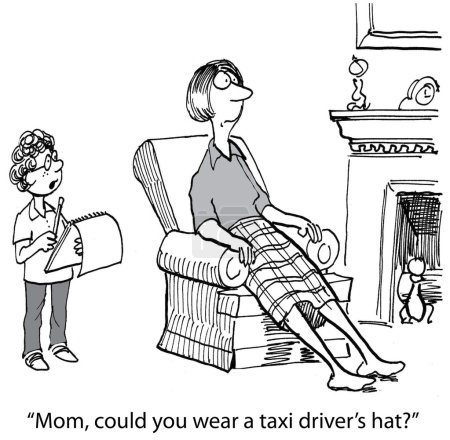 Illustration for "Mom, could you wear a taxi driver's hat ?" - Royalty Free Image