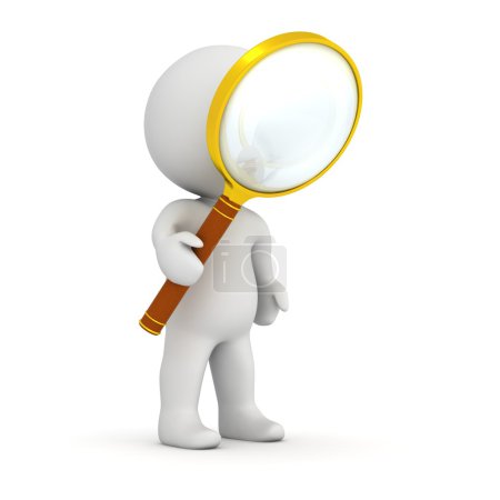 Photo for A 3D character looking through a large magnifying glass. Isolated on white background. - Royalty Free Image