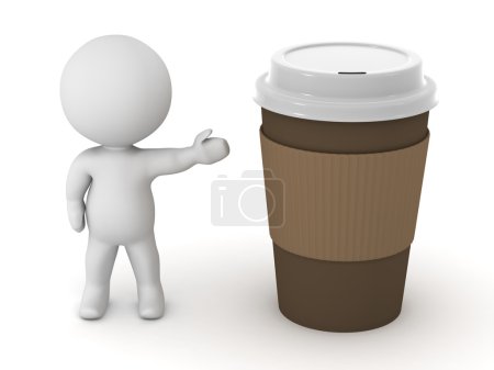 Photo for 3D character showing a large take-away coffee cup. Isolated on white background - Royalty Free Image