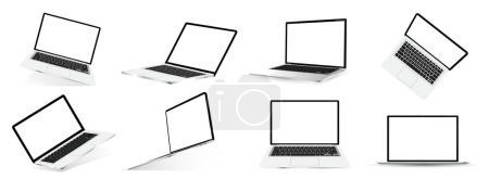 Mockups 3D laptops abiertos. Gran colección 3D cuadernos realistas para presentaciones en línea. Portátiles en diferentes ángulos, posiciones con pantalla en blanco. Isométrico, frontal, vista superior, perspectiva. Vector