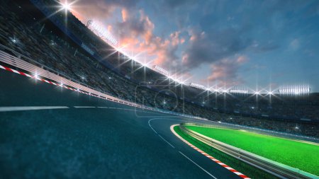 Circuito circular de carreras de asfalto con ventiladores y reflectores iluminados. Ilustración 3D digital profesional de deportes de carreras.