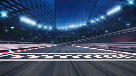 Línea de meta de pista de carreras de asfalto e iluminado estadio deportivo de carreras por la noche. Ilustración 3D digital profesional de deportes de carreras.