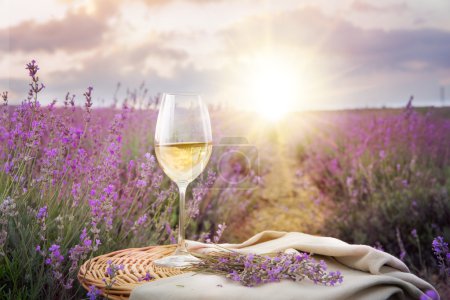 Photo for Bottle of wine against lavender landscape in sunset rays - Royalty Free Image