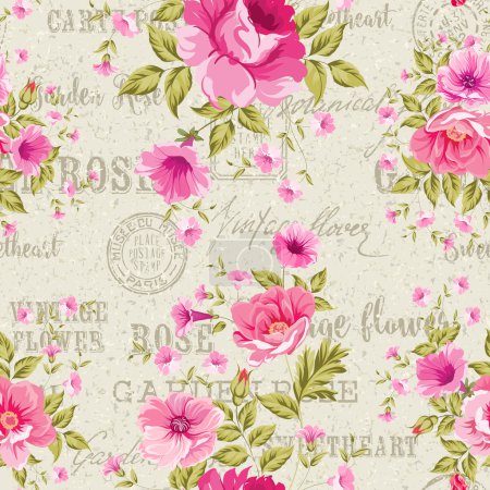 Photo for Pink Roses over gray background of postal pattern, floral wallpaper, seamless pattern. Backdrop of postal stamps and postmarks, gray background. Vector illustration - Royalty Free Image
