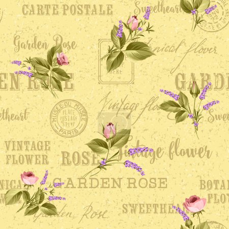 Illustration for Rose and Lavender. Blossom provence flowers. Classical luxury old fashioned ornament, royal seamless texture for wallpapers, textile, wrapping. Backdrop of postal stamps and postmarks - Royalty Free Image