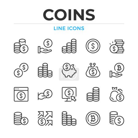 Ilustración de Conjunto de iconos de línea de monedas. Elementos de contorno moderno, conceptos de diseño gráfico, colección de símbolos simples. Iconos de línea vectorial - Imagen libre de derechos