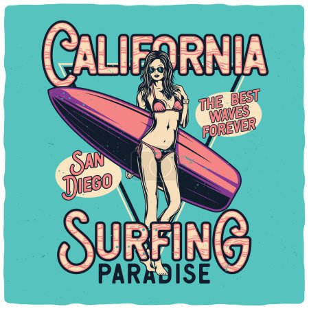 Camiseta o diseño de póster con ilustración de chica sexy en bikini y tabla de surf