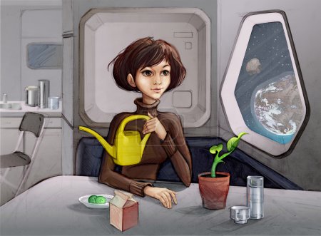 Foto de Mujer joven sentada cerca de una nave espacial Porthole y cuidando de la planta. Escena futurista que simboliza la conciencia ambiental y una aceptación de la responsabilidad por el cuidado de nuestra Tierra. Imagen de mapeo de globo proporcionada por la NASA - Imagen libre de derechos