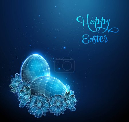 Huevo azul rodeado de flores. Feliz tarjeta de Pascua.