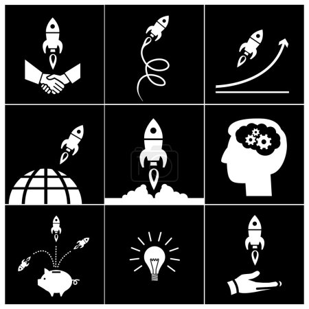 Ilustración de Los iconos e ilustraciones de inicio de diseño plano moderno vectorial establecen pictogramas blancos e infografías aisladas sobre fondo negro - Imagen libre de derechos