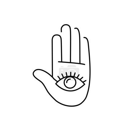 Illustration for Eye in open hand palm black linear icon on white background flat design alternative healing illustration and infographic - Royalty Free Image