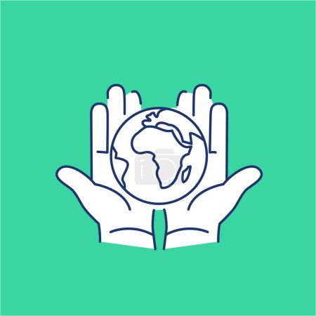 Illustration for Hands holding globe in palms ecology and environment vector icon and infographic blue and white on green background - Royalty Free Image