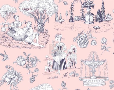 Illustration for Seamless pattern Toile de Jouy. French provence wallpaper. Light nature background. Digital paper provence style. Decoupage pattern, love, people. - Royalty Free Image