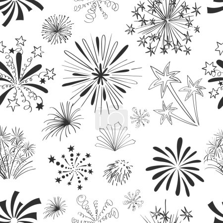 Ilustración de Patrón inconsútil de fuegos artificiales navideños sobre fondo blanco - Imagen libre de derechos