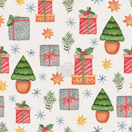 Patrón sin costura de Navidad de acuarela con regalos y pinos