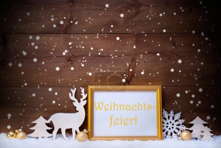 Photo for Christmas Card With Picture Frame On White Snow. German Text Weihnachtsfeier Means Christmas Party. White Decoration Like Snowflakes, Tree, Golden Balls And Reindeer. Vintage, Wooden Background - Royalty Free Image