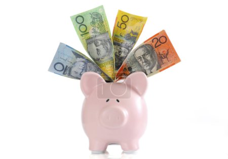 Photo for Australian Money with Piggy Bank for saving, spending or end of financial year sale. - Royalty Free Image