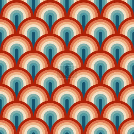 Retro verano 70s arco iris rayas patrón. Retrowave 80 arte retro arco iris ilustración. Fondo de vector sin fisuras. turquesa y naranja colores retro 1970. Fondo geométrico abstracto.