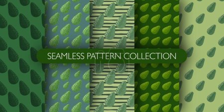 Ilustración de Conjunto de tonos de paleta verde patrón vegetariano sin costuras con aguacates. Colección de telón de fondo de alimentos. Diseñado para papel pintado, textil, papel de envolver, impresión de tela. Ilustración vectorial. - Imagen libre de derechos
