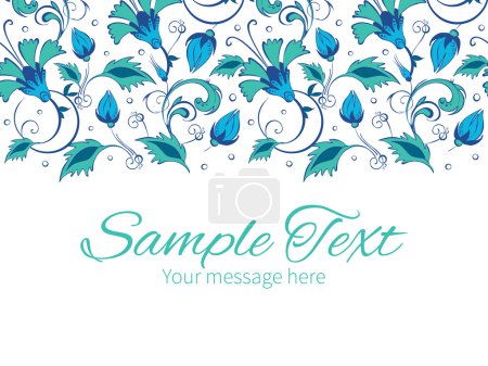 Vector blue green swirly flowers horizontal border greeting card invitation template